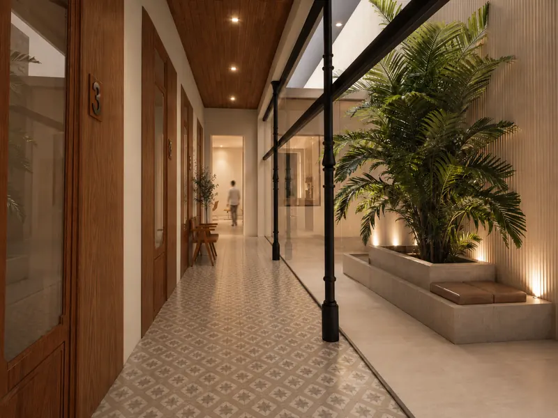 Circulación hacia los consultorios junto a un patio interior con vegetación.