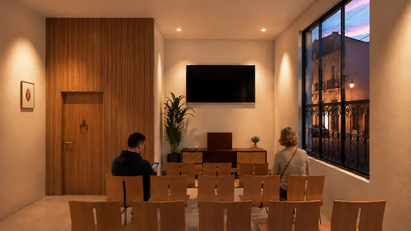 Sala de espera con asientos de madera y ventanas hacia la calle.